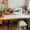 Home sewing workplace. Sewing machine, lamp, threads, different supplies stay on table near window. Dressmaker, tailor