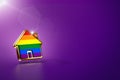 Home shape with gay pride rainbow on purple background, copy space. Gay people right to live together concept. 3D