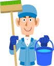 Upper body of a male cleaning worker with a brush and bucket