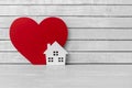 Home Shaped with Red Heart Shaped on white wood over white wood background