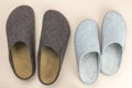 Home slippers of recycled felt from plastic bottles, organic eco friendly footwear for a couple, grey female and brown