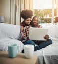 Home, smile and black couple with laptop, love and connection with internet, relaxing and lens flare. Apartment