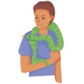 Home snake in the hands of a guy. happy pet owners. cold-blooded animals. veterinary and pet shop. vector flat.