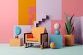 home sofa sunlight memphis design art colourful geometric armchair interior room. Generative AI.