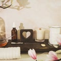 Eco friendly bathroom and spa accessories with spring flowers