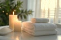 Home Spa Fluffy White Towels, Serene Calming Candles, Relaxation and Wellness, Relaxing Day at Home, generative AI Royalty Free Stock Photo