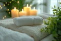 Home Spa Fluffy White Towels, Serene Calming Candles, Relaxation and Wellness, Relaxing Day at Home, generative AI Royalty Free Stock Photo