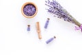 Home spa with lavender herbs cosmetic salt for bath on white desk background top view mock-up Royalty Free Stock Photo