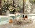 Home spa treatments with skincare products, emphasizing selfcare luxuries in a serene setting , super detailed