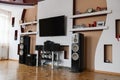 Home speaker system. Modern Home Theater Room Interior with Flat Screen TV Royalty Free Stock Photo