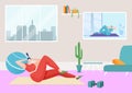 Home sport fitness, vector illustration, flat woman character training inside apartment, healthy lifestyle by workout