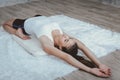 Home Sport Gym and Yoga Exercise Concept, Young Woman is Practice Yoga Workout Training in Yoga Gymnastics Room at Her Home. Royalty Free Stock Photo