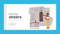 Home Sports Landing Page Template. Female Character in Boxing Gloves Hit Punching Bag Training Online by Internet