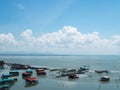 Home stay floating house in lake at Kohyo, Songkhla, Thailand with beautiful blue sky and clouds. This is traditional fisheries Royalty Free Stock Photo