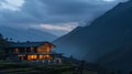 Home stay hotel on mountain hill at twilight. By generative Ai Royalty Free Stock Photo
