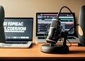 Home studio podcast interior. Microphone, laptop and on air lamp on the table, AI Generated Royalty Free Stock Photo