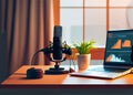 Home studio podcast interior. Microphone, laptop and on air lamp on the table, AI Generated Royalty Free Stock Photo