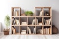 Home stylish bookshelf with books and plants. Generative AI Royalty Free Stock Photo