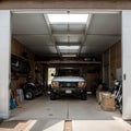 Home suburban countryside modern car and ATV double garage interior with wooden shelf, tools and equipment stuff storage warehouse