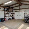 Home suburban countryside modern car and ATV double garage interior with wooden shelf, tools and equipment stuff storage warehouse