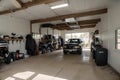 Home suburban countryside modern car and ATV double garage interior with wooden shelf, tools and equipment stuff storage warehouse