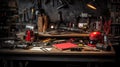 Home suburban garage interior big wooden workbench with lot of power mechanic tools at background. Spare season wheels