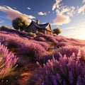 Home surrounded by lavender flowers in photorealistic landscapes