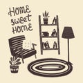 Home sweet home hand drawn lettering quote with home interior doodles Royalty Free Stock Photo