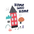 Home sweet home. cartoon house, hand drawing lettering, decor elements. colorful illustration for kids, flat style. typography fon Royalty Free Stock Photo