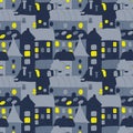 Home Sweet Home. Hand-drawn seamless pattern with doddle old town in the night. Cute vector seamless pattern with night Royalty Free Stock Photo