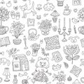 Home sweet home. Seamless vector pattern with home interior doodles. Royalty Free Stock Photo