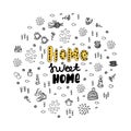 Home, sweet home typography poster with lettering decorative text c home items in the style of Doodle. Knitting, hat