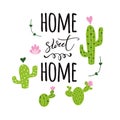 Home sweet home vector card Cute hand drawn Prickly cactus print with inspirational quote Home decor