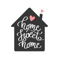 Home sweet home lettering in the shape of a home. Calligraphic inscription, slogan, quote, phrase. Inspirational card, poster