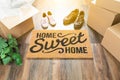 Home Sweet Home Welcome Mat, Moving Boxes, Female And Male Shoes