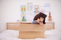 Home, telescope or costume as pirate to play in boat boxes or fantasy in bedroom or house. Kid hiding, child captain or Royalty Free Stock Photo