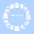 Home textiles circle template with flat glyph icons. Bedding, bedroom linen, pillows, sheets set, blanket and duvet