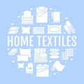 Home textiles circle template with flat glyph icons. Bedding, bedroom linen, pillows, sheets set, blanket and duvet