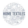 Home textiles circle template with flat line icons. Bedding, bedroom linen, pillows, sheets set, blanket and duvet