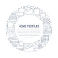 Home textiles circle template with flat line icons. Bedding, bedroom linen, pillows, sheets set, blanket and duvet