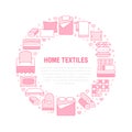 Home textiles circle template with flat line icons. Bedding, bedroom linen, pillows, sheets set, blanket and duvet