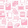 Home textiles seamless pattern with flat line icons. Bedding, bedroom linen, pillows, sheets set, blanket and duvet thin