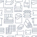 Home textiles seamless pattern with flat line icons. Bedding, bedroom linen, pillows, sheets set, blanket and duvet thin