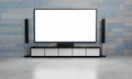 Home Theater on brick mable pattern wallpaper. Big wall screen TV and  Audio equipment use for Mini Home Theater. Room white mable Royalty Free Stock Photo
