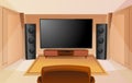Home theater in cartoon style with big TV. Room with sofa. Modern interior. Acoustic stereo sound