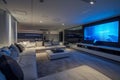 home theater with plush white sofas and ambient blue lighting, a giant tv providing an immersive cinematic experience.