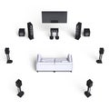 home theatre entertainment system and sofa on a white background