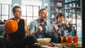 At Home Three Happy Basketball Fans Sitting on a Couch Watch Game on TV, Tense Moment Befofre Last