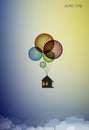 Home time concept, house hanging on the colored flying clocks in the sky, time dreaming, Royalty Free Stock Photo