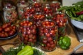 Home tinned tomato in glass jars, Ukrainian homemade food